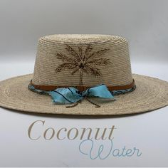 Straw Wide Brim Cordobs/ Sun Hat Water Blue Bandana/Brown Leather Belt Band W/Brass Chain Soldered Palm Tree/5 Stones Signature Feather 4 Inch Hard Brim/4 Inch Crown Elastic Sweatband Blue Bandana, Knit Beret, Straw Sun Hat, Running Hats, Water Blue, Brown Leather Belt, Pink Hat, Blue Hat, Boho Print