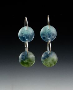 Silver & Glass Earrings - Fabricated sterling silver ear wires and rings connecting the kiln-cast glass. The glass is made using the  Kiln Cast and Pate de Verre  methods and has a frosted finish for a soft feel.  Holes are drilled through the glass to accommodate the wire.  Aqua, Denim and Pine. Cast Glass, Earrings Art, Artful Home, Silver Glass, Silver Drop Earrings, Glass Earrings, Organic Beauty, Glass Jewelry, Ear Wires