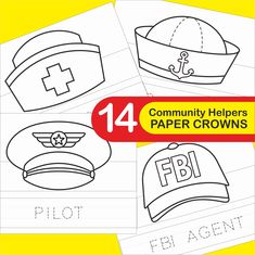 four coloring pages with different hats for children to color and print on paper, including the number