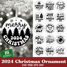 merry christmas ornament with trees and snowflakes on the tree, in black and white