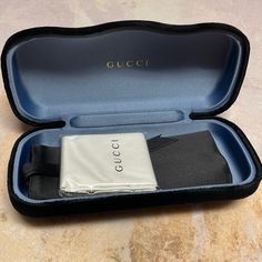 Brand New With Tags Gucci Black Exterior With Blue Interior Soft Velvet Eyeglasses Case Comes With Branded Silky Bag And Microfiber Lens Cloth This Is A Regular Size. There Is A Larger Size Available In My Closet. I Also Have Other Colors Available! Authentic Licensed Gucci Hardshell Case In Excellent New Condition Red Eyeglasses, Gucci Eyeglasses, Gucci Glasses, Eyeglasses Case, Case Aesthetic, Havana Brown, Gucci Fashion, Blue Interior, Gucci Sunglasses