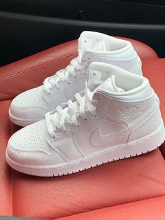 WMNS Air Jordan 1 Mid "Triple White Patent Leather" Modern White High-top Sneakers With Embossed Logo, White High-top Sneakers With Embossed Logo, Air Jordan 1 For Women, Jordan 1 For Women, Jordan 1 Aesthetic, Jordan 1 Mid Triple White, Jordan 1 Lows, Wmns Air Jordan 1, Jordan Ones