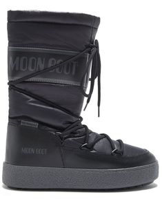 black padded design panelled design waterproof logo-print strap logo print to the side calf-length front lace-up fastening round toe flat rubber sole Moon Boots Outfit, Boots Outfit Men, Moon Boot, Zadar, Moon Boots, Pad Design, Trail Shoes, City Style, Boot Shoes Women