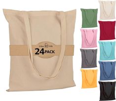 various colors of canvas tote bags with the tag 24 pack in each bag,