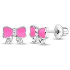 These bubble gum pink enamel bow earrings are sweet and lovely for little girls. Cubic zirconia adds a fun sparkle to the silver bow earrings and the 925 sterling silver makes this pair hypoallergenic and safe for sensitive ears. They feature threaded posts and a safety back system to ensure your child's earrings stay comfortably in place. Complimentary gift box is included for easy gift giving! Age Group: Ideal for Toddlers and Young Girls Size: 8mm x 5mm bow; 7mm threaded earring post Material Pink Bow Jewelry, Pink Bow Earrings In Cute Style, Cute Pink Earrings With Pink Bow, Cute Pink Bow Jewelry, Teen Necklaces, Teen Earrings, Pink Heart-shaped Adjustable Earrings, Teen Jewelry, Baby Earrings