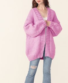 "New design for this winter! Oversize sweater gives you super warm and stylish looking! Features: * open front cardigan * oversize looking * drop-shoulder sleeves * 100% pure Australian merino wool super chunky yarn Size: S(us 0-4) M(us 6-8) L(us 10-12)XL(14-16). Pls. choose size and color options. Size Measurements: S/M: chest 49\"(124cm) length - 27\" (68cm) L/XL: chest 54\"(138cm), length- 29\"(72cm) If you want it in different measurements, pls. leave the notes or convo me. Hand wash in cold Trendy Oversized Purple Cardigan, Trendy Oversized Pink Sweater Coat, Oversized Purple Knit Cardigan, Cozy Lavender Sweater For Winter, Trendy Lavender Winter Sweater, Cozy Lavender Winter Sweater, Trendy Oversized Knitted Cardigan, Oversized Pink Chunky Knit Sweater Coat, Trendy Oversized Hand Knitted Sweater