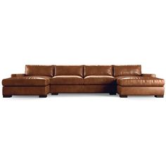 a brown leather sectional couch with chaise lounger and ottoman in the back, on an isolated white background