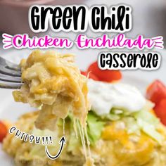 green chili chicken enchilada casserole on a white plate with a fork