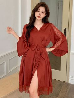 Women's Solid Color Flare Sleeve Satin Lace Patchwork Bathrobe Redwood Elegant  Three Quarter Length Sleeve Woven Fabric Plain  Non-Stretch All Women Sleep & Lounge, size features are:Bust: ,Length: ,Sleeve Length: Bathrobes For Women, Color Caoba, Women's Robe, Sleepwear Women, Flared Sleeves, Night Gown, Fashion Inspiration, Length Sleeve, Outfit Ideas