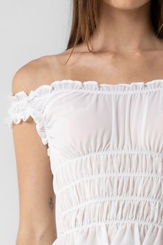 Woven ruffle off the shoulder cropped top. DETAILS• Fabric: 100% POLYESTER Swim Gifts, Shoulder Crop Top, Ruffle Top, Cropped Top, Set Dress, Off The Shoulder, Shop Now, Crop Tops, Fabric