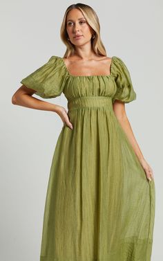 Roshina Midi Dress - Straight Neck Puff Sleeve Dress in Olive Puff Sleeve Dress, Puffed Sleeves Dress, Custom Clothes, Green Dress, Midi Length, Over 50, Sleeve Dress, Puff Sleeve, Unique Style