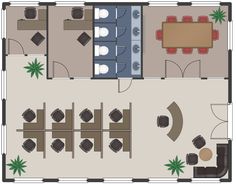 an overhead view of a conference room with tables, chairs and couches in it