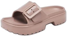 Chunky Platform Slide Sandals For Beach, Open Toe Platform Slippers With Buckle For Beach, Beach Open Toe Platform Slippers With Buckle, Open Toe Platform Slippers With Buckle Closure For Beach, Beach Platform Slippers With Buckle Closure, Beach Open Toe Platform Slippers With Buckle Closure, Summer Beach Platform Slippers With Buckle Closure, Low Wedge Sandals, Women Platform Sandals