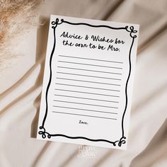 a note that says advice and wishes for the son to be mrs on top of a bed