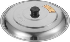 the lid is open on an aluminum pan with a black knob and yellow tag hanging from it