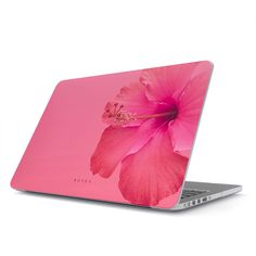 an open laptop computer with a pink flower on it's screen and the bottom cover