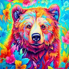 a painting of a bear with colorful flowers on it's chest and head, in front of blue background