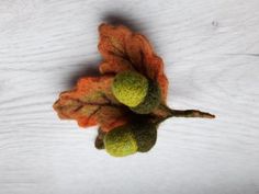 an orange and green leaf on top of a white surface