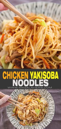 chicken yakisoba noodles on a plate with chopsticks in the middle