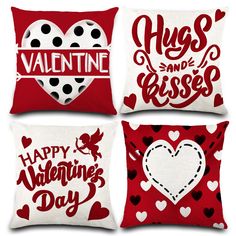 four valentine's day pillows in red and white