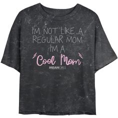 You can't sit with us... unless you're wearing a cool officially licensed Mean Girls I'm Not Like a Regular Mom Cross-Stitch Pattern Juniors' Graphic Cropped T-Shirt! This fun tee reads the iconic quote from the film: "I'm Not Like a Regular Mom I'm a Cool Mom" printed in a cool embroidery style across the front. Shop this new Mean Girls apparel this Mother's Day and make mom laugh with her favorite characters, popular quotes, hilarious moments, and more. Trendy Black Soft-washed Tops, Black Soft-washed T-shirt For Spring, Cool Black Tops With Letter Print, Spring Black Soft-washed T-shirt, Black Relaxed Fit Funny Tops, Cool Slogan Tops With Relaxed Fit, Cool Black Slogan Tops, Cool Black Tops With Slogan, Cool Relaxed Fit Slogan Tops