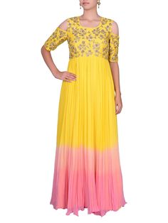 Featuring a raw silk and georgette flared cold shoulder floor length garment in lemon yellow to pink Ombre effect. It is accessorized with floral sequin embroidery on the upper body and cold shoulders. Color customization available upon request.Care:Dry Clean Only and to be Steam PressedComposition:Raw silk and georgette Designer Yellow Georgette Dresses, Yellow Sleeveless Georgette Dress, Yellow Floor-length Dress With Sheer Dupatta, Yellow Organza Sharara, Yellow Floor-length Sharara With Sheer Dupatta, Anarkali Dress Pattern, Yellow Ombre, Yellow Gown, Ombre Dress