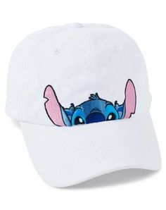 a white baseball cap with stitching on the front and an image of stitch in the middle