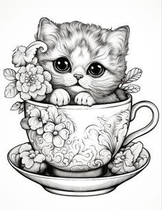 a drawing of a kitten in a teacup with flowers