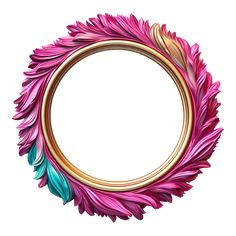 a pink and blue circle with gold trimmings on the bottom, surrounded by feathers