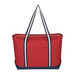 a red and blue tote bag with white trimmings on the bottom, two handles