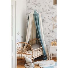 a baby's room with a canopy bed and rugs on the wooden floor