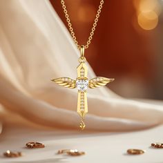 Introducing the "Angel Wings Dancing Love Pendant Necklace," an exquisite piece where divine craftsmanship meets interactive elegance. This necklace brings the serenity of angelic wings to life. Central to its design is a sparkling stone that captures the essence of celestial light.With a gentle pull, this pendant reveals its kinetic charm—the wings, meticulously designed, begin a subtle dance, reminiscent of an angel's poised flight. It's a tender animation that echoes the protective whispers a Angelic Wings, Love Pendant, The Angel, Gold Pendant Necklace, Angel Wings, Flight, Dancing, Essence, Sparkle