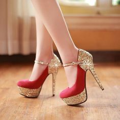 VCSHOES Sequins Wedding High Heels Bride Shoes US 5 | EU 35 | UK 3 | CN 34-Red Heels Bride, Country Shoes Boots, Gold Mary Janes, Kasut Wanita, Hak Tinggi, Wedding High Heels, Wedding Boots, High Heel Dress, Prom Heels