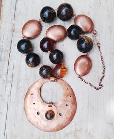 Boho bohemian chic artisan handmade stackable jewelry amber copper stone natural gemstone long big statement necklace bead Sphere Necklace, Stackable Jewelry, Beads Pendant, Tropical Tree, Amber Beads, Amber Stone, Copper Pendant, Copper Necklace, Copper Pendants