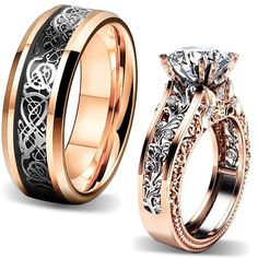 two wedding rings with different designs on them