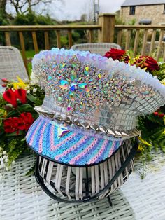 Silver, Purple, Pink & Blue Iridescent Sequin Military Festival Hat.  This hat has been lovingly handcrafted in Cornwall, UK. Each one is unique and one of its kind. Perfect for adding that extra sparkle to your party outfit! Please take care when handling it.  This beautiful hat is custom made for you so please forward your hat size in cm with the order . 4- 5 weeks to complete. White Brimmed Costume Hats And Headpieces For Festivals, Mardi Gras Festival Costume Hat With Round Crown, White Brimmed Festival Costume Hats And Headpieces, Adjustable Multicolor Costume Hats And Headpieces, High Crown Costume Hats For Carnival, High Crown Costume Hat For Carnival Festival, Funky Adjustable Party Hats, Whimsical Party Costume Hats And Headpieces, Whimsical Party Costume Cap