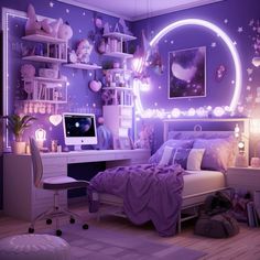 a bedroom with purple walls and lights on the ceiling, a bed in front of a computer desk