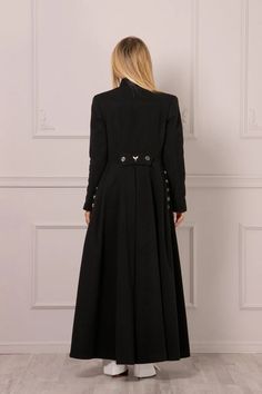 Fit and Flare Black Coat Dress Vintage Style Long Wool Coat - Etsy Floor Length Jacket, Black Coat Dress, Black Dress Coat, Ladies Coat, Trendy Coat, Elegant Coats, Cashmere Fabric, Long Wool Coat, Maxi Coat