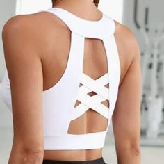 High Support Crisscross Cutout Sports Bra White Color, Size S, M Casual Sports Bra With Cross Back, Casual Cross Back Sports Bra, Stretch Crisscross Tops For Workout, Sporty Fitted Cross Back Tops, Fitted Crisscross Workout Tops, Fitted Crisscross Tops For Workout, Casual Cross Back Sports Top, Casual Sports Top With Cross Back, Casual Sports Tops With Cross Back