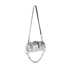 As the IT bag, PRIVATE POLICY Mini Barrel Bag is the trend and unique accessory for uplifting any outfit. The iconic silver color metal ring and strap set this cool leather bag to be anything but ordinary. - Silver metallic color - Embossed leather mini barrel bag - Light gold logo at the side - Metal ball chain and leather strap options - Signature center open ring detail - Cow Leather Dimension: Length 6.5inch x Height 2.5 inch x Width 2.5inch Show off your style with this Mini Barrel Bag with Silver Luxury Clutch Shoulder Bag, Luxury Silver Clutch Shoulder Bag, Luxury Silver Bag With Chain Strap, Luxury Silver Bags With Chain Strap, Luxury Silver Shoulder Bag With Palladium Hardware, Trendy Silver Shoulder Bag With Detachable Handle, Luxury Silver Shoulder Bag With Detachable Strap, Designer Silver Bag With Metal Logo, Luxury Silver Shoulder Bag With Detachable Handle