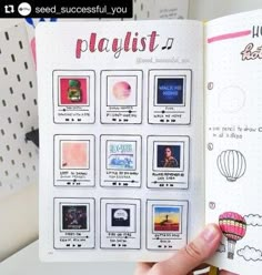 someone is holding up a playlist book with pictures on the pages and writing in it