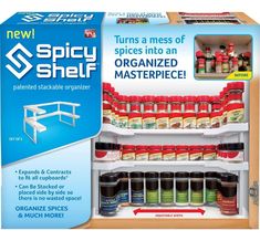 an open spice shelf with spices and other items in the bottom shelf, labeled spicy shelf