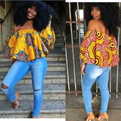 Love this Ankara top ~African fashion, Ankara, kitenge, African women dresses, African prints, African men's fashion, Nigerian style, Ghanaian fashion ~DKK Off Shoulder Ankara Top, Ankara Tops With Jeans, Tops With Jeans, Ankara Tops, African Tops, Style Africain, Ghanaian Fashion, African Inspired Fashion