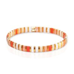 an orange and white striped bracelet with gold clasps on a white background, it is also available in other colors