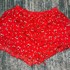 Brand New Never Worn Red Floral Shorts Perfect For Summer Summer Floral Print Red Bottoms, Red Summer Shorts With Elastic Waistband, Red Floral Print Summer Bottoms, Casual Red Floral Print Bottoms, Red Elastic Waistband Shorts For Summer, Red Floral Print Beach Shorts, Red Bottoms For Day Out, Red Floral Print Bottoms For Spring, Red Floral Print Spring Bottoms