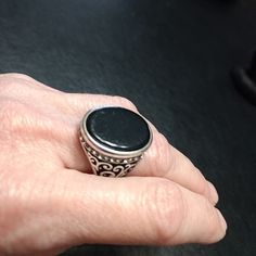 Pretty Silver Colored Ring With Clear Rhinestones. Black Metal Crystal Round Ring, Classic Black Metal Rings, Black Sterling Silver Metal Ring, Black Nickel-free Rings For Promise, Black Metal Crystal Ring, Black Metal Crystal Promise Ring, Nickel Free Black Promise Ring, Classic Black Crystal Ring, Nickel-free Black Metal Rings