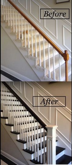 before and after photos of a stair case in a house with white painted railings