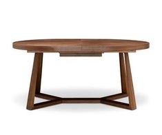 an oval wooden table with two intersecting legs and a circular shaped top, on a white background