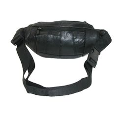 a black leather fanny bag on a white background