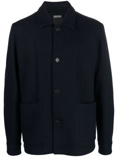 navy blue wool-cashmere blend classic collar front button fastening long sleeves two side patch pockets straight hem Wool Collared Outerwear With Buttoned Pockets, Cashmere Button-up Outerwear For Work, Luxury Long Sleeve Pea Coat With Button Closure, Workwear Cashmere Wool Coat With Pockets, Luxury Navy Outerwear With Lapel Collar, Cashmere Outerwear With Pockets For Work, Luxury Long Sleeve Wool Coat For Business Casual, Classic Business Blazer With Buttoned Pockets, Designer Long Sleeve Cashmere Outerwear